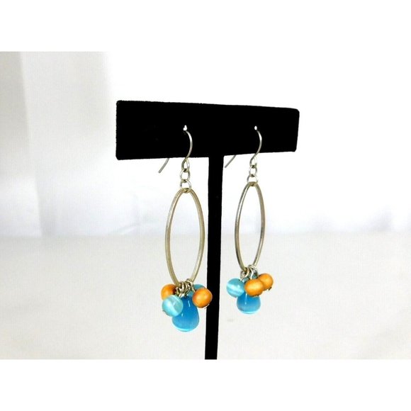 Oval Hoop Beaded Earrings Blue Brown Beads Fishhook Closure - Picture 2 of 7